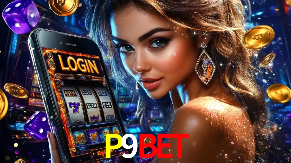 Mulher glamorosa segurando um smartphone com a tela de login para os jogos de caça-níqueis do cassino online P9BET, com moedas de ouro e dados ao redor.